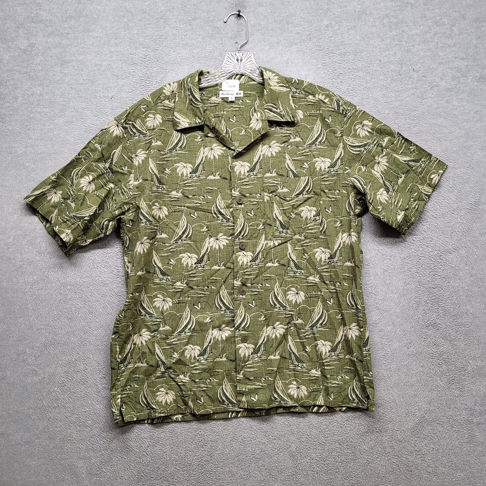 Reyn Spooner X Uniqlo Men Button Up Shirt M Green Floral Palm Trees Sailboats